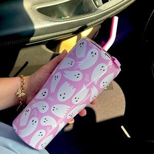 Pink Ghosts 30oz Stainless Steel Insulated Halloween Tumbler with Straw